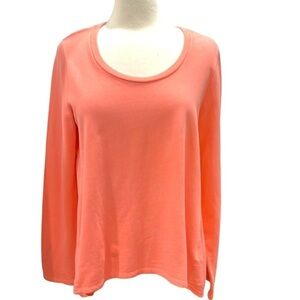 Anthropologie La Vi Mixed Fabric High Low Top Coral Long Sleeve SZ L